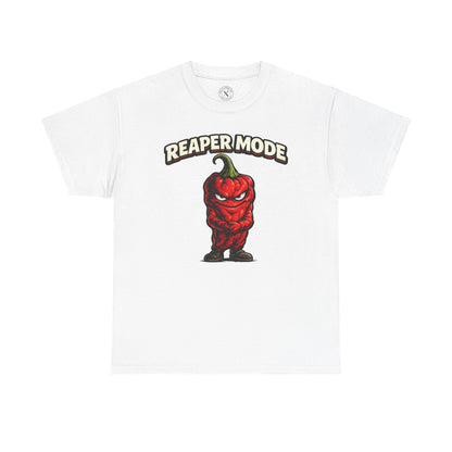 White t-shirt with a red pepper graphic and 'Reaper Mode' text on a white background