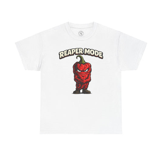 White t-shirt with a red pepper graphic and 'Reaper Mode' text on a white background