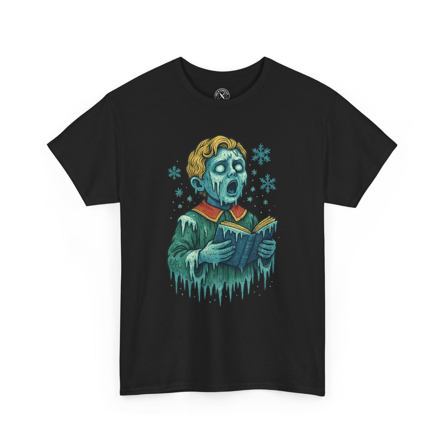 Frozen Choirboy tattoo-style illustration printed on black T-shirt
