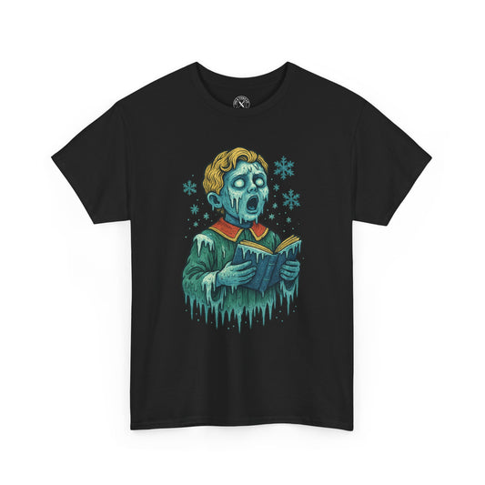 Frozen Choirboy tattoo-style illustration printed on black T-shirt
