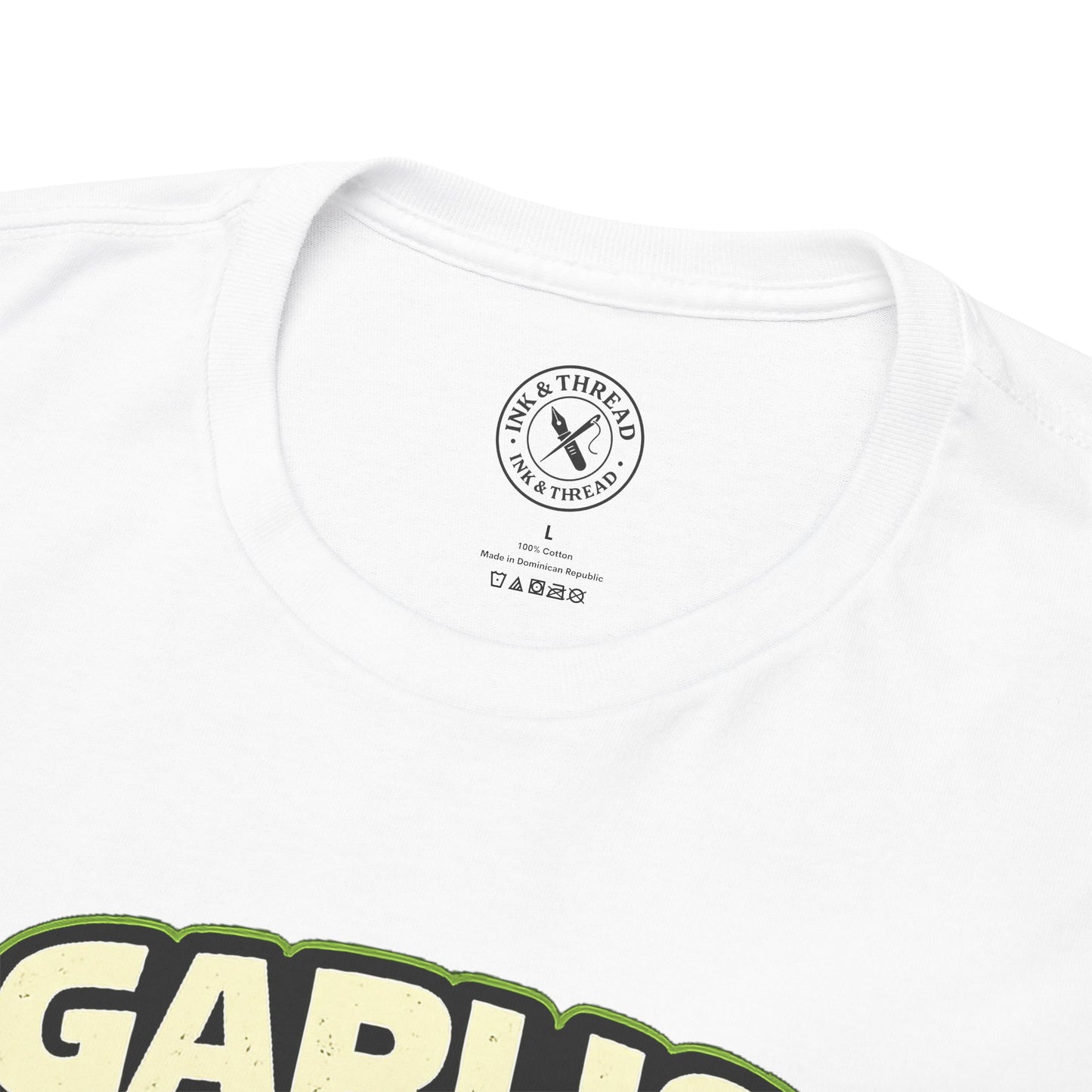 White t-shirt with 'Ink & Thread' logo and 'Garlic' text on a white background