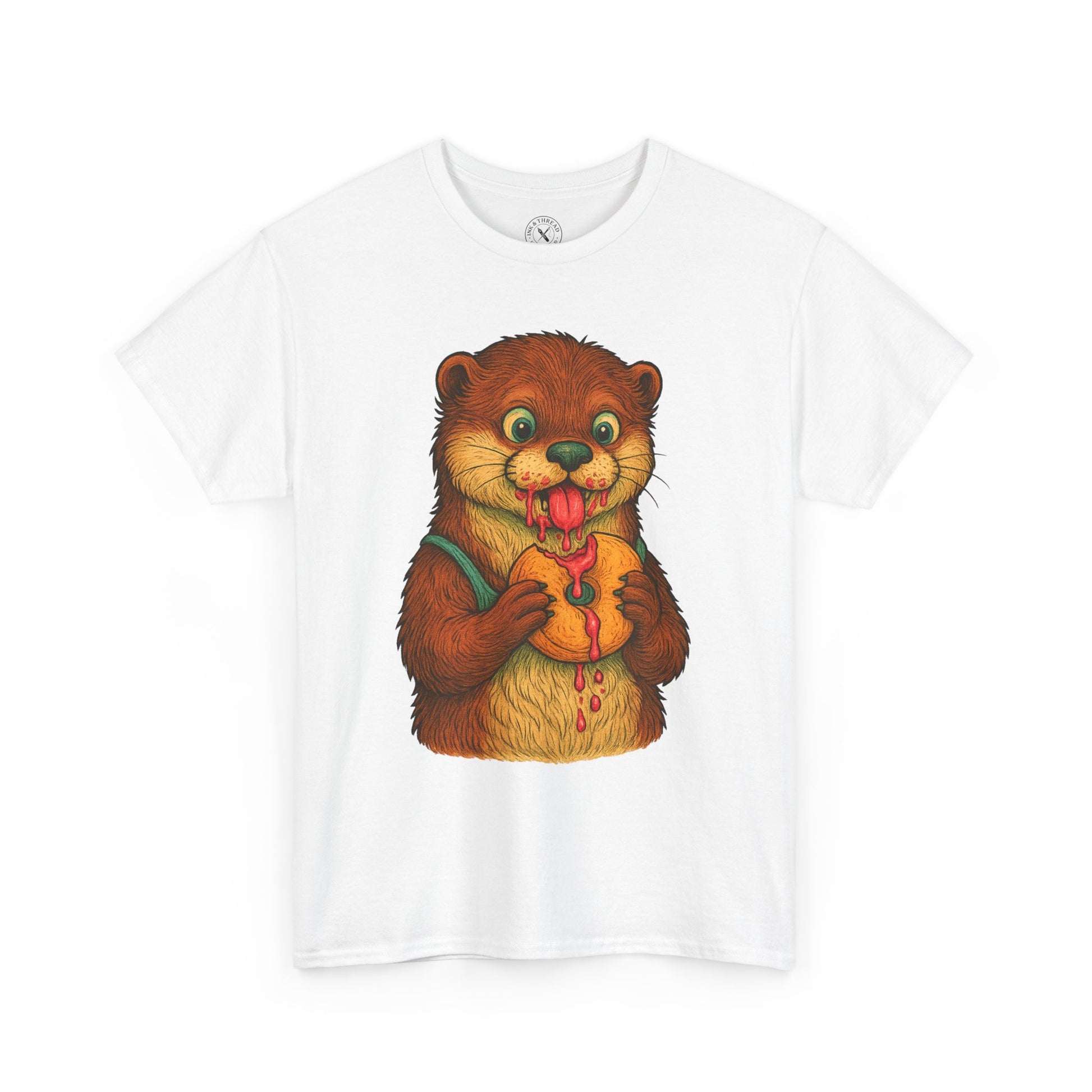 White t-shirt with a cartoon otter design on a white background