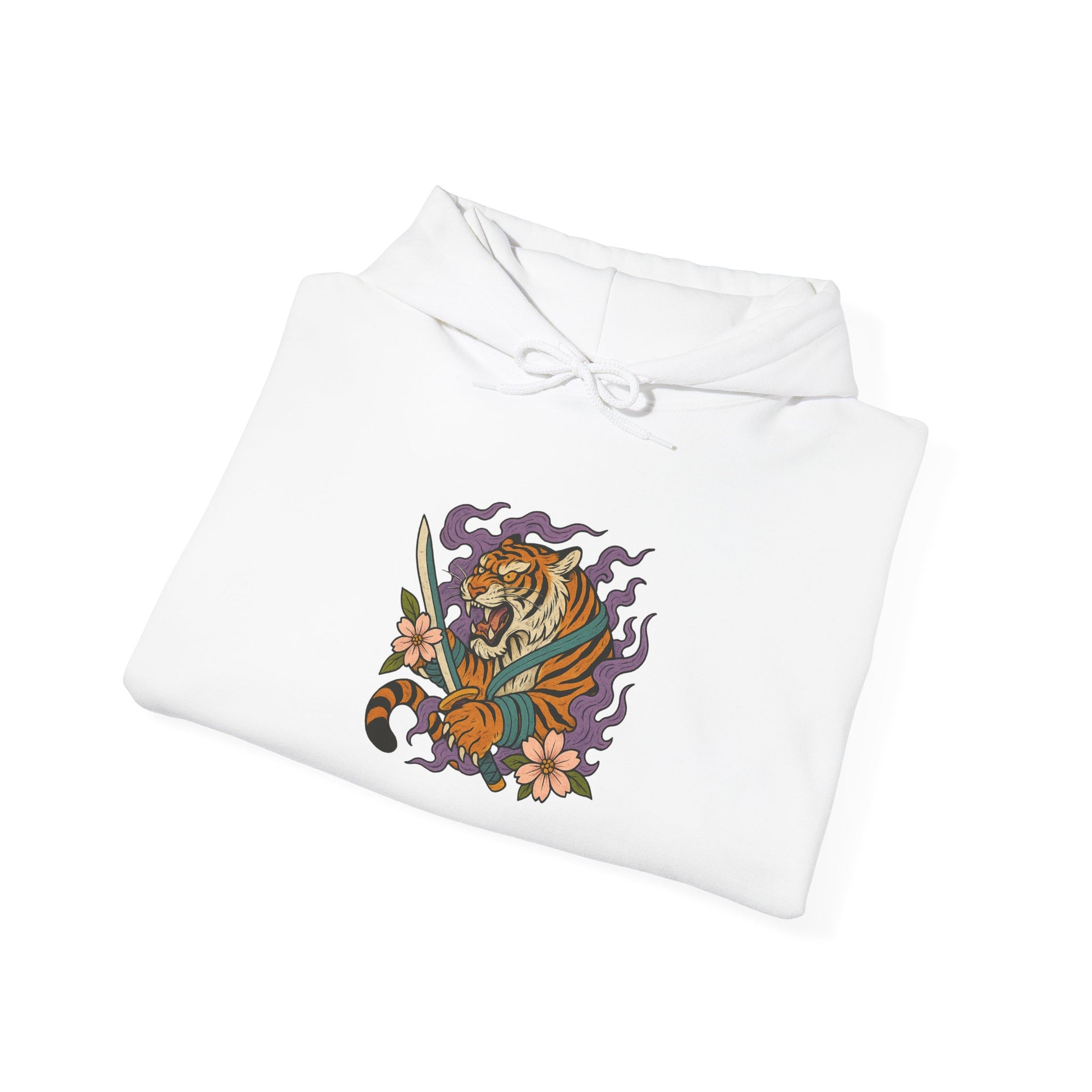 White hoodie with a colorful tiger design on a white background