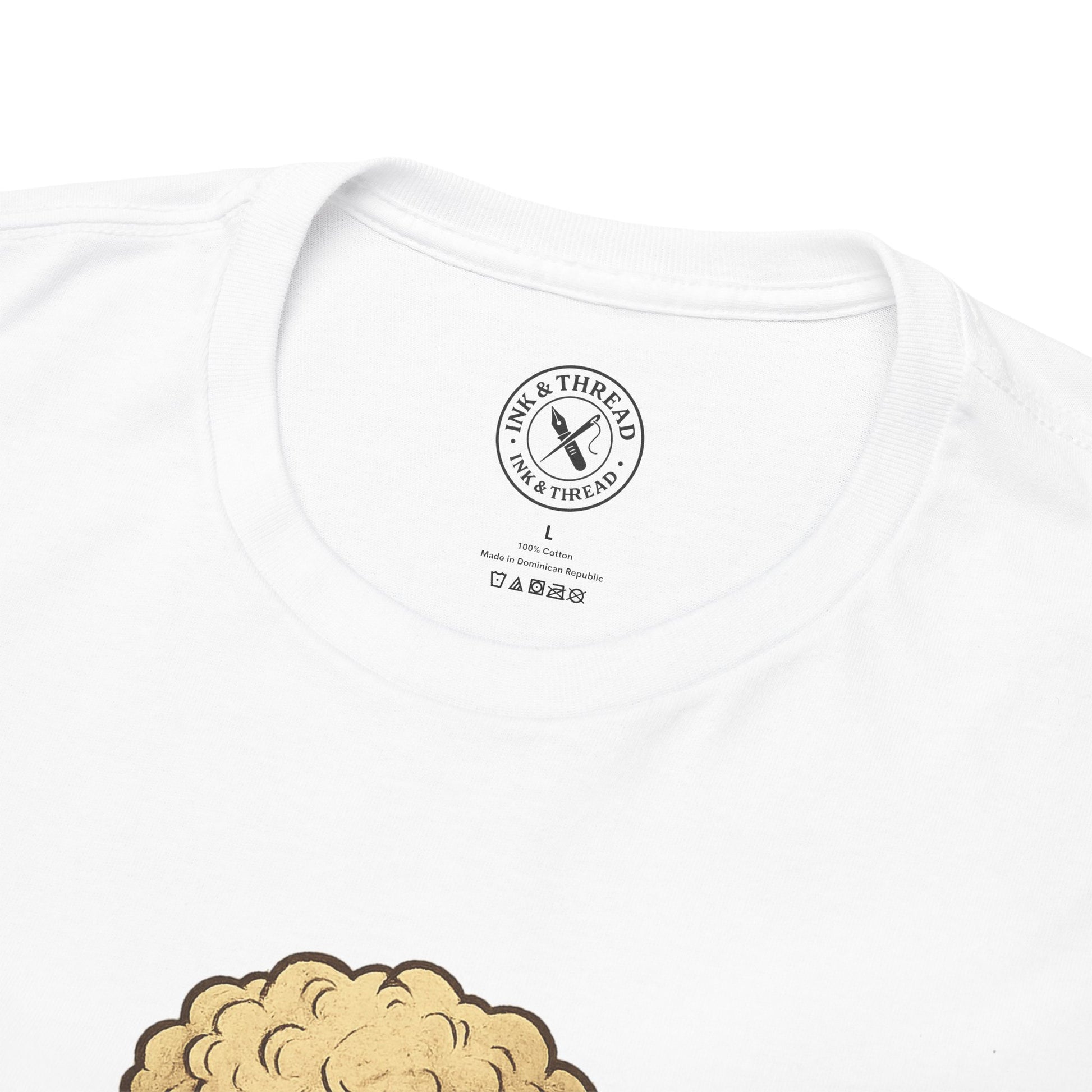White t-shirt with a brand logo on a white background