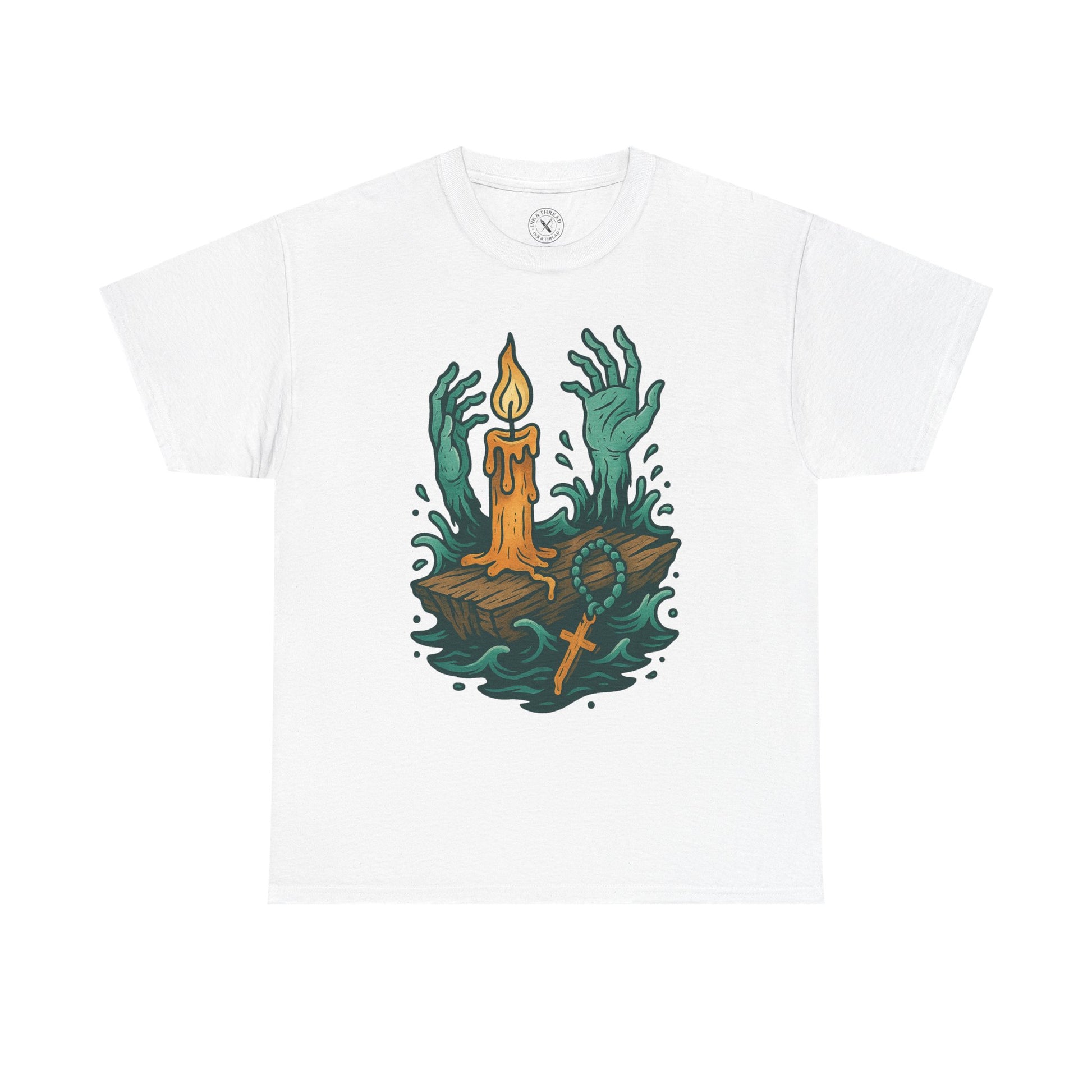 White t-shirt with a graphic design of hands holding a candle on a white background