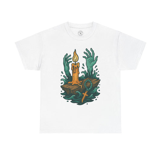 White t-shirt with a graphic design of hands holding a candle on a white background