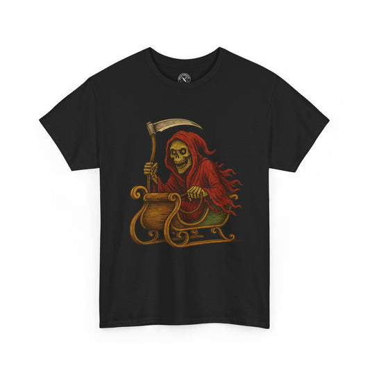 Black t-shirt with a graphic of a skeleton with red hair and a scythe on a white background