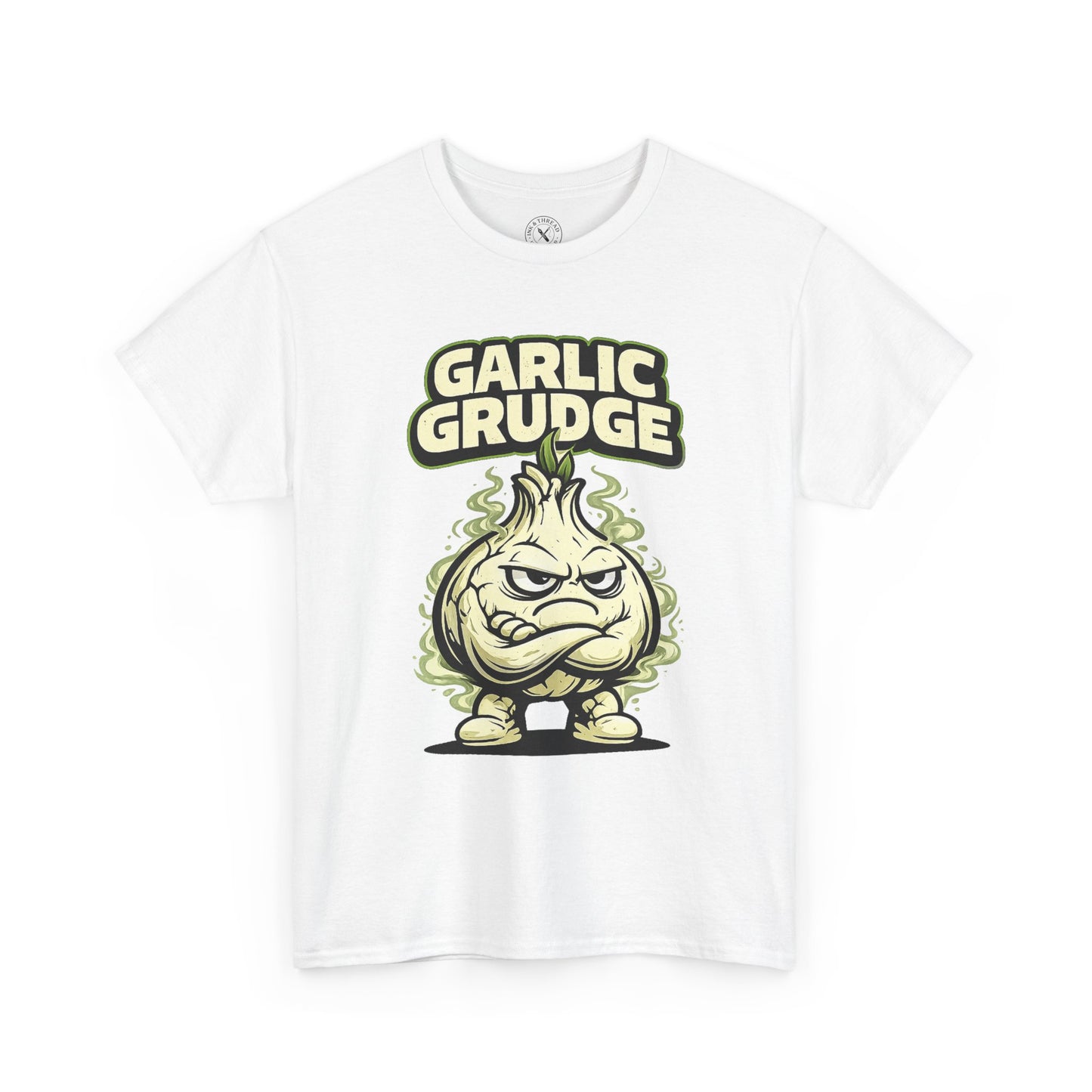 White t-shirt with a graphic design of a garlic character and 'Garlic Grudge' text on a white background