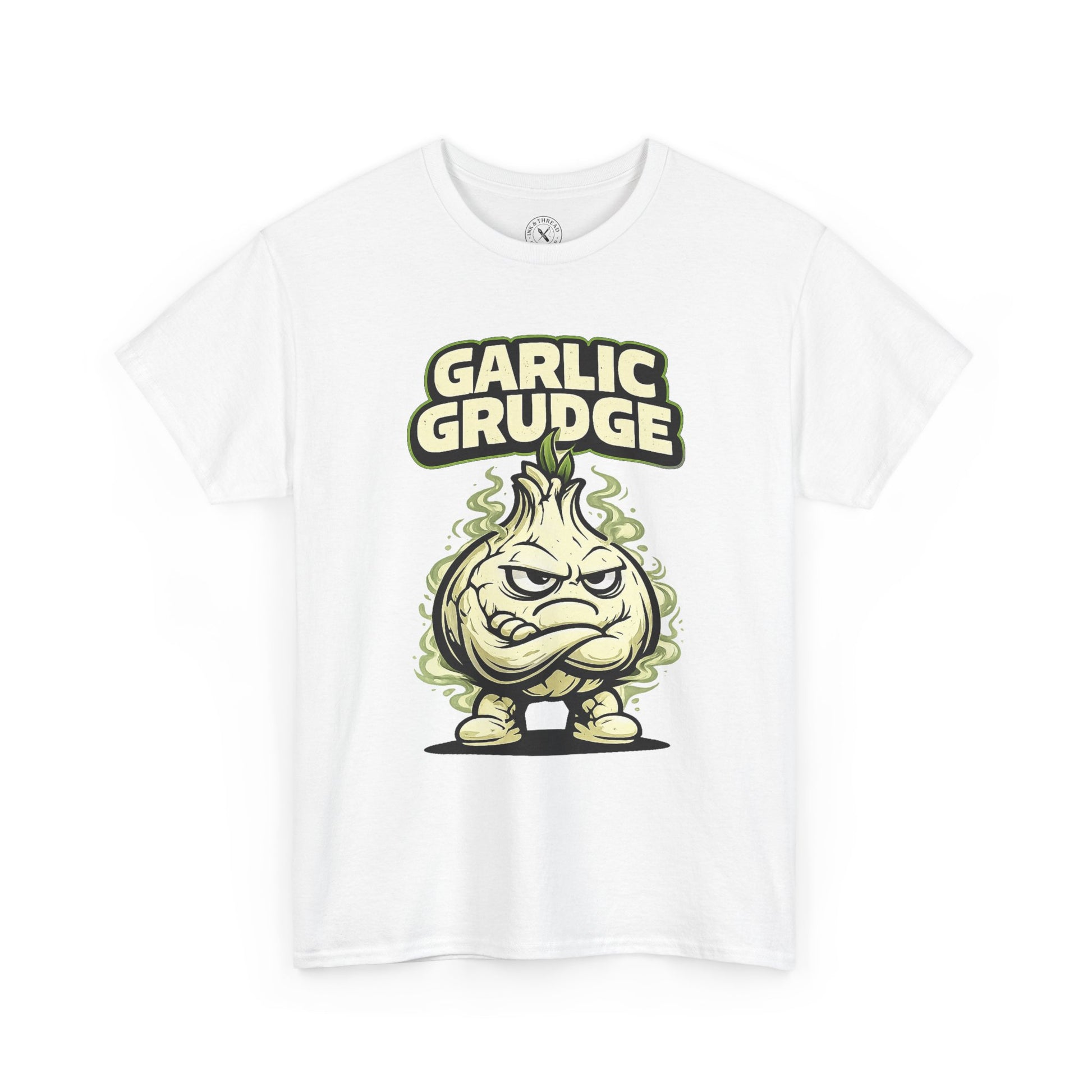 White t-shirt with a graphic design of a garlic character and 'Garlic Grudge' text on a white background
