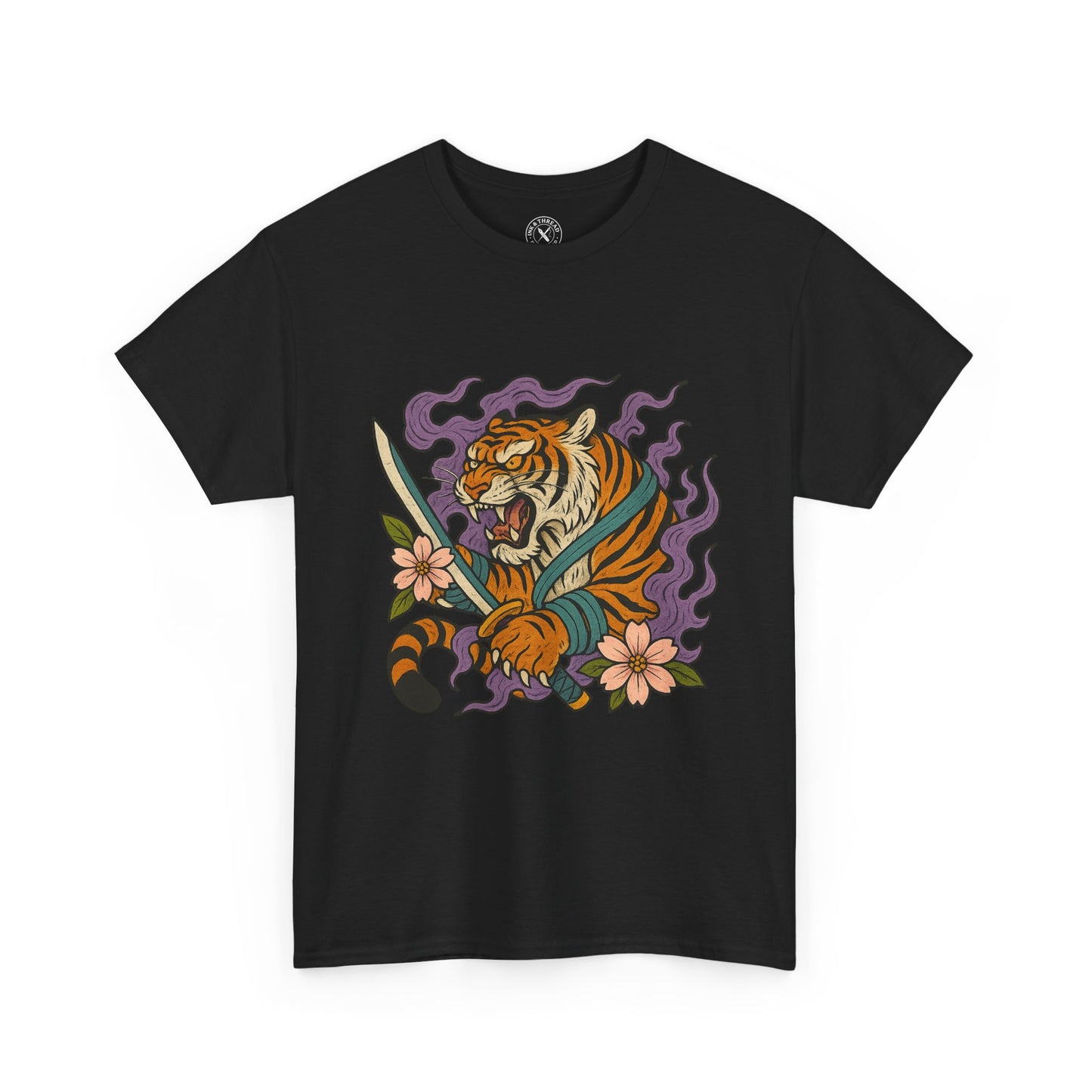 Black t-shirt with a colorful tiger design on a white background