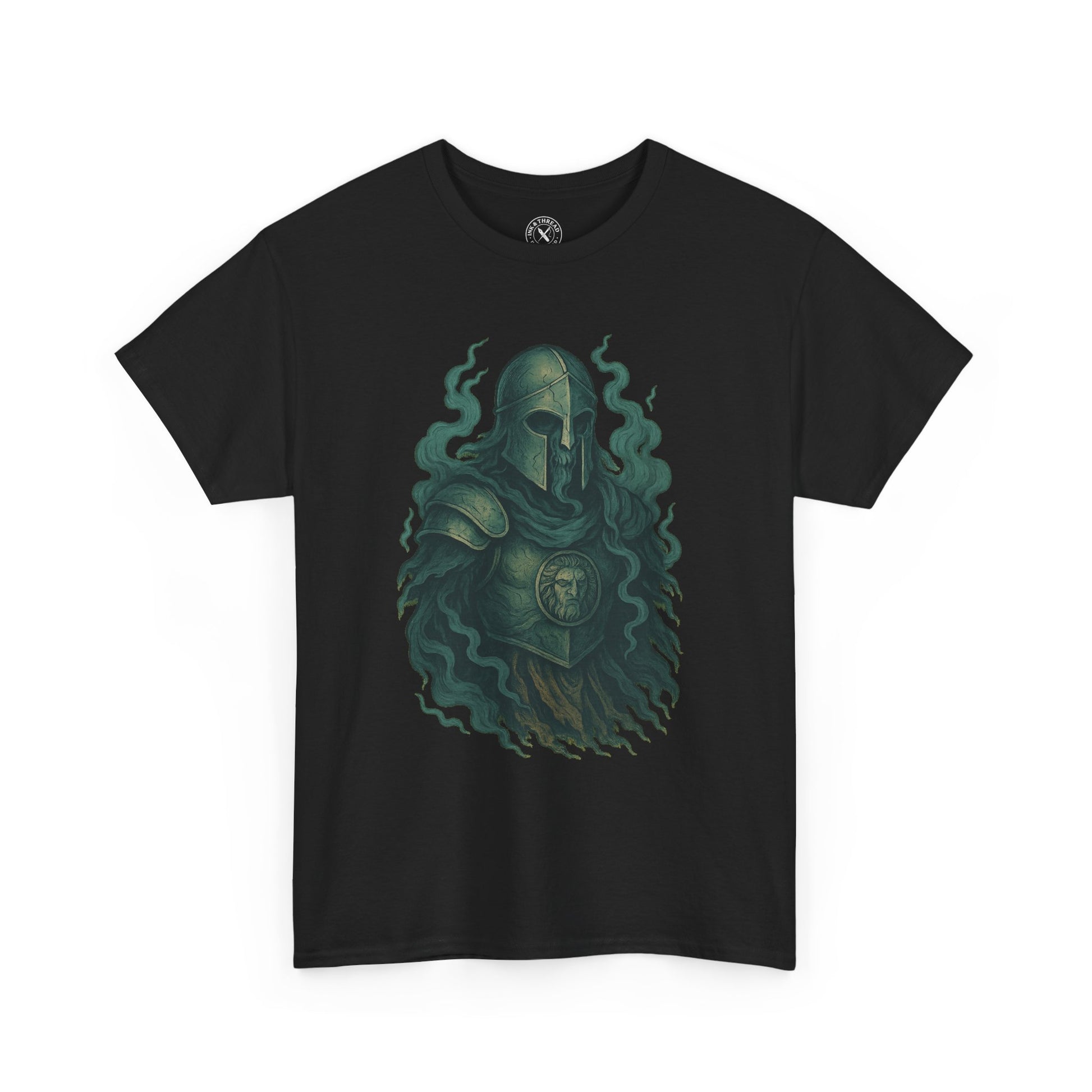 Black t-shirt with a graphic design of a helmeted figure and smoke on a white background