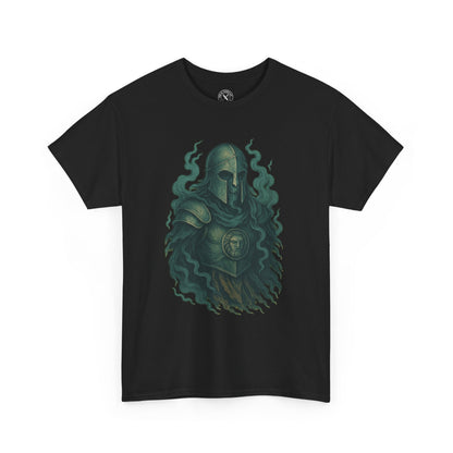 Black t-shirt with a graphic design of a helmeted figure and smoke on a white background