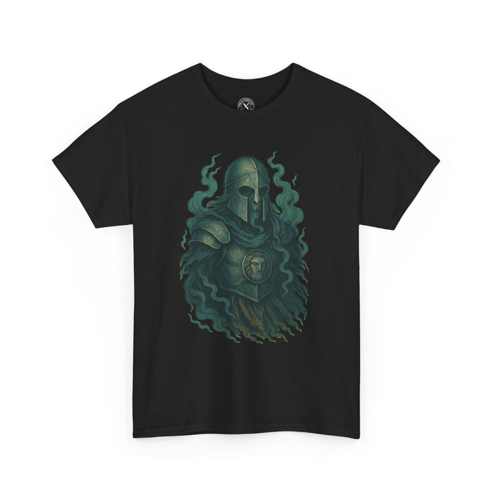 Black t-shirt with a graphic design of a helmeted figure and smoke on a white background