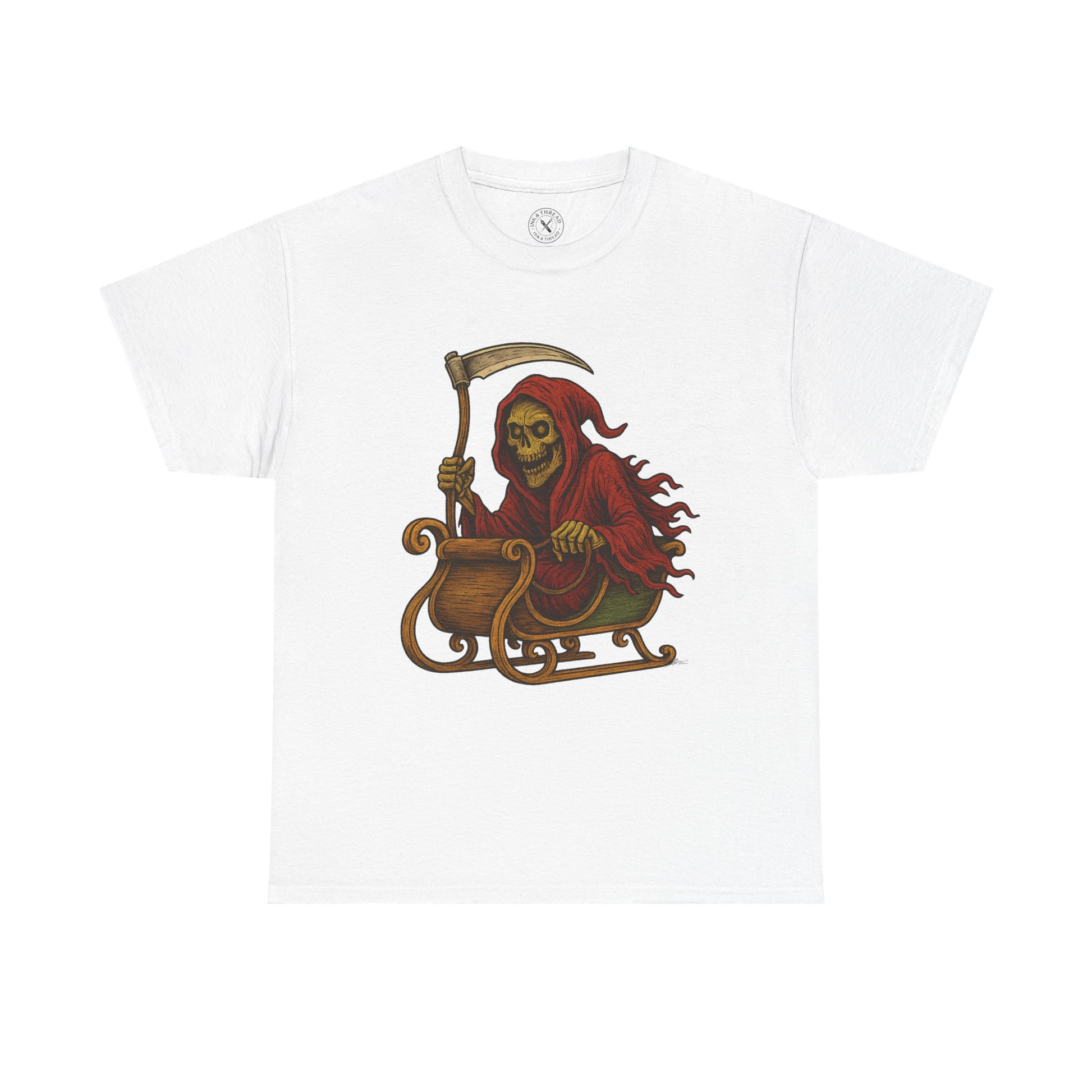 White t-shirt with a graphic of a skeleton in a red hood with a scythe on a white background