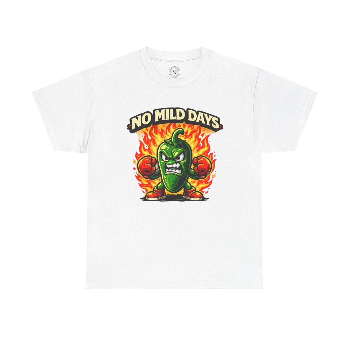 White t-shirt with a jalapeño pepper graphic and 'No Mild Days' text on a white background