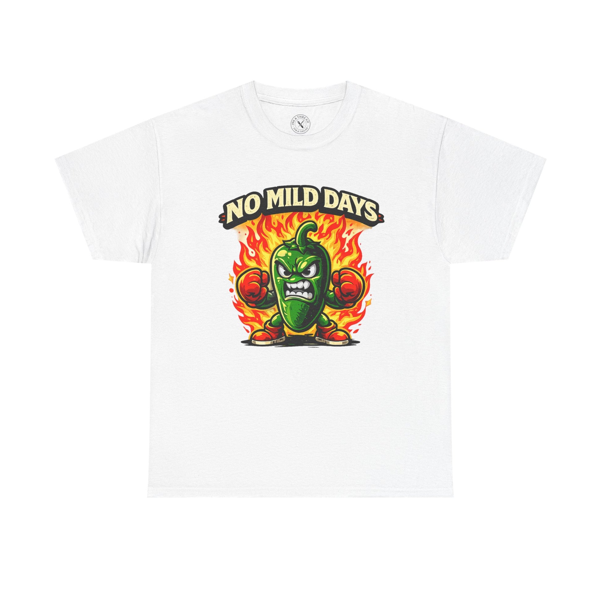 White t-shirt with a jalapeño pepper graphic and 'No Mild Days' text on a white background
