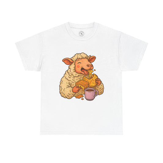 White t-shirt with a cartoon sheep design holding a mug on a white background