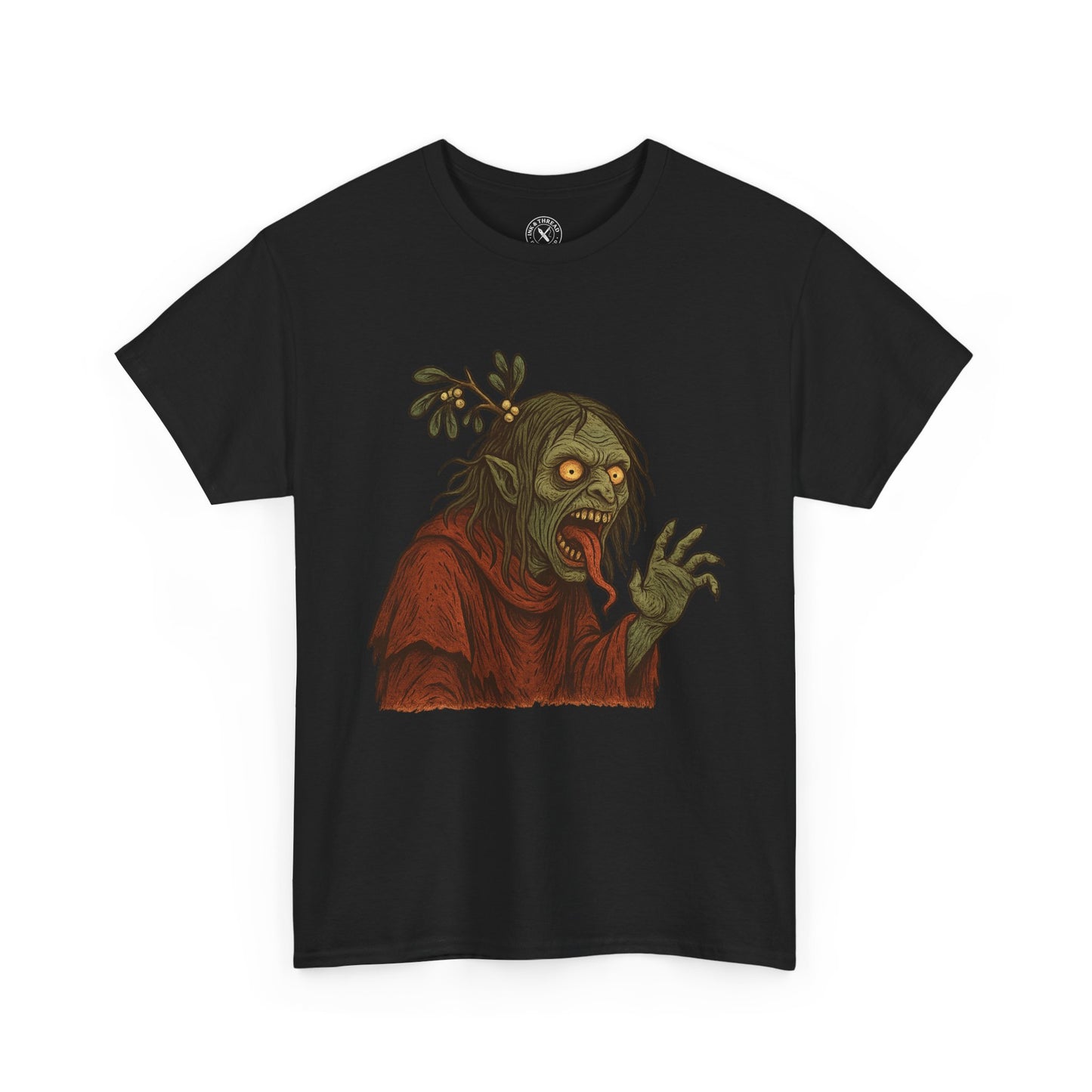 Midnight Mistle-Thing tattoo-style botanical horror illustration printed on black T-shirt
