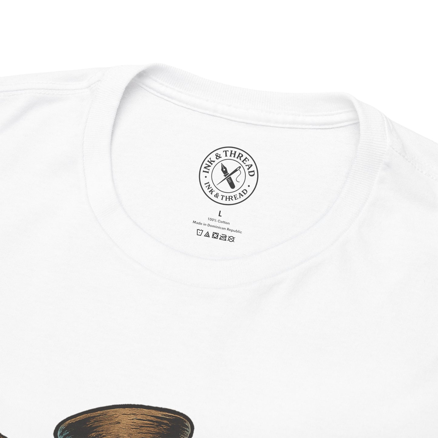 White t-shirt with a logo and text on a white background