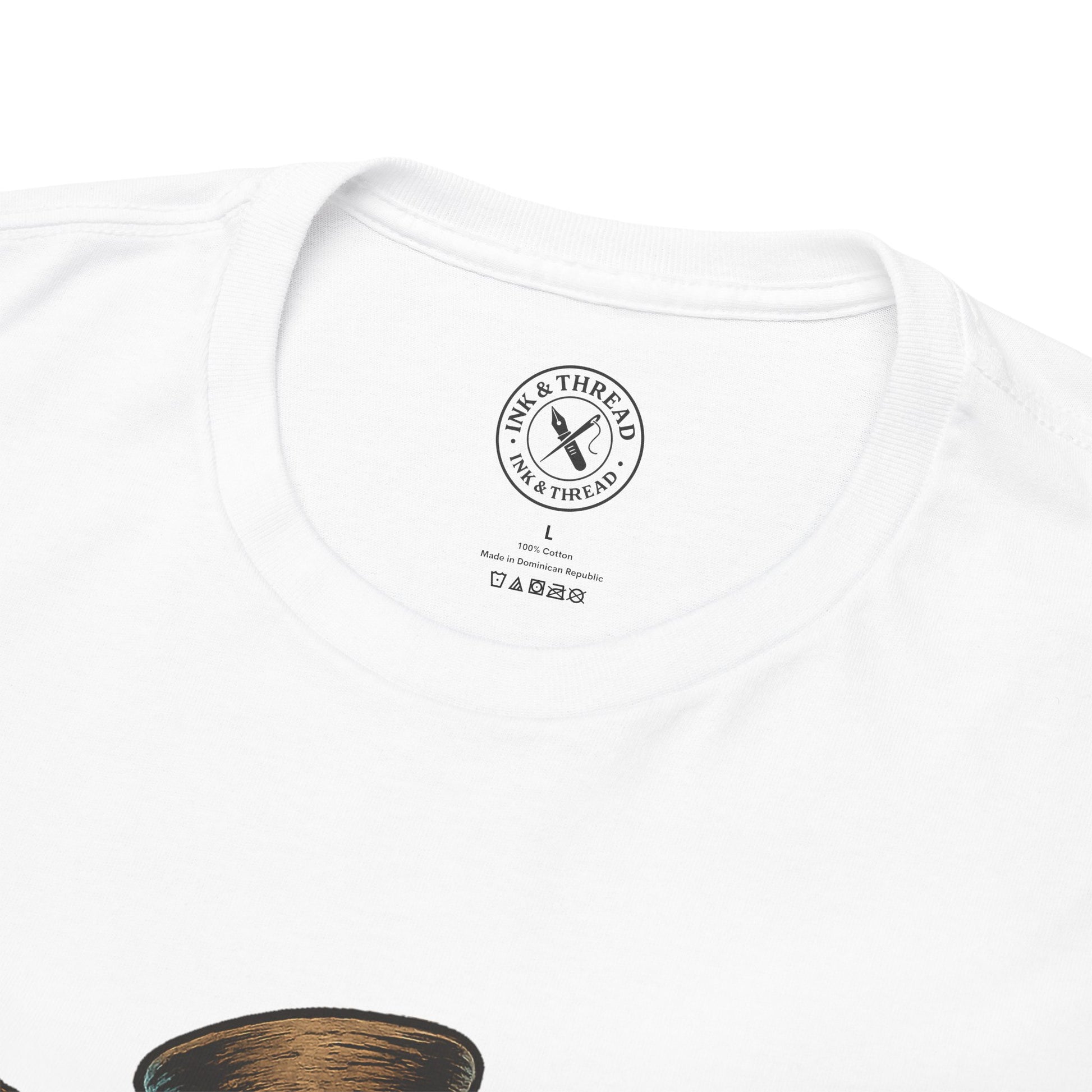 White t-shirt with a logo and text on a white background
