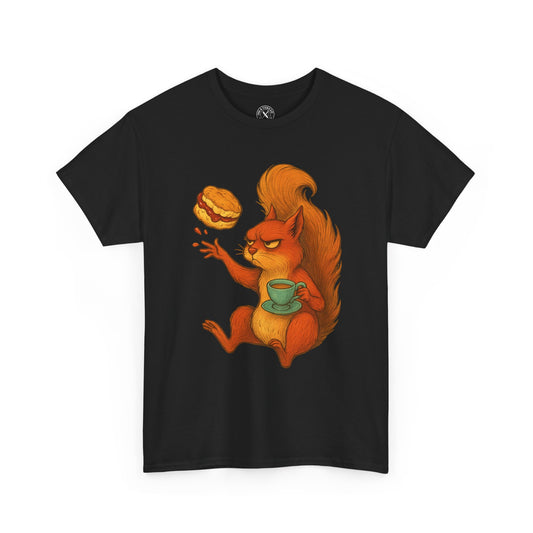Black t-shirt with a cartoon squirrel holding a cup and burger design on a white background