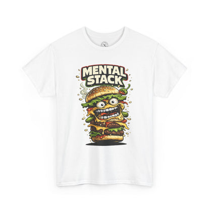 White t-shirt with a graphic of a burger with a face and 'Mental Stack' text on a white background