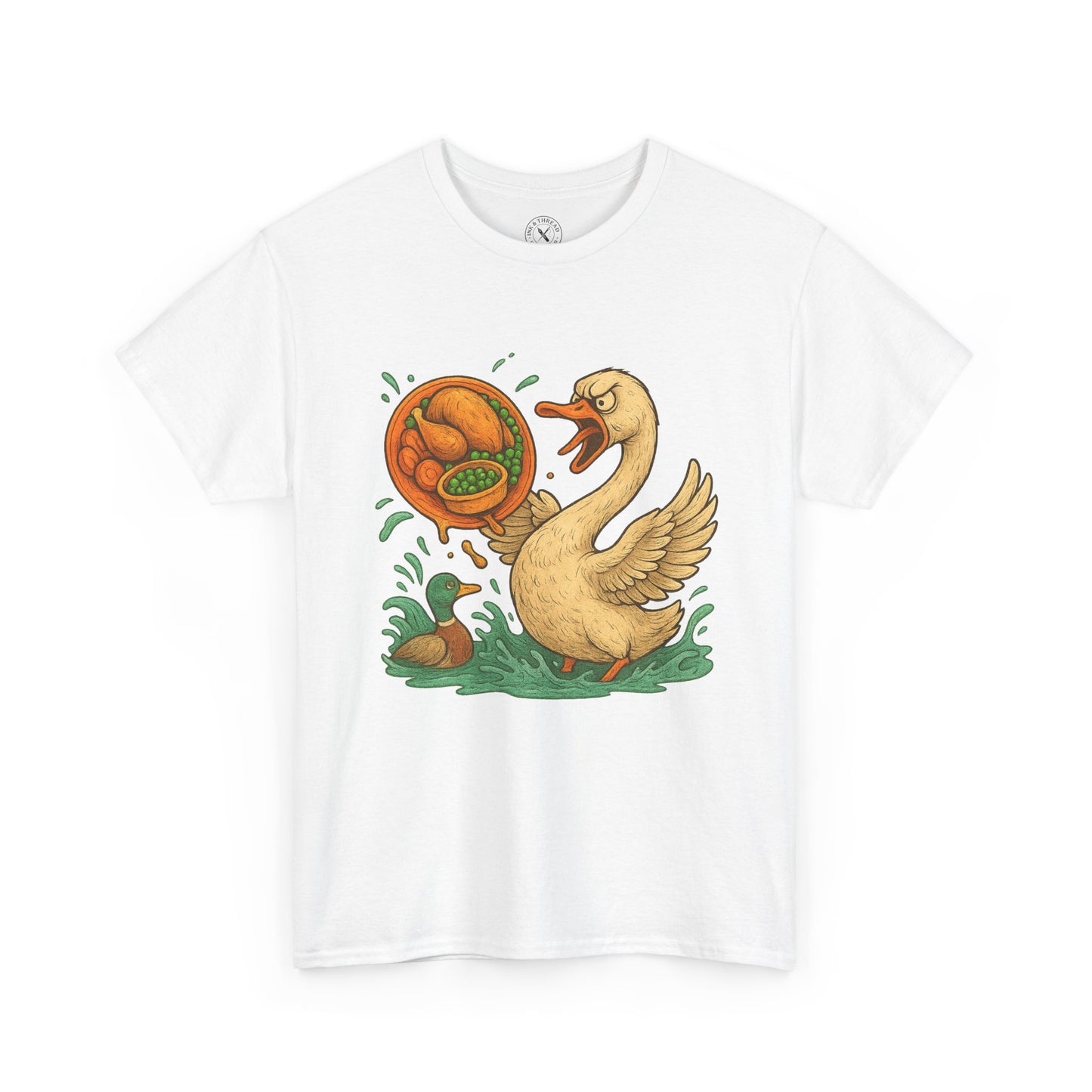 White t-shirt with a cartoon duck and pumpkin design on a white background