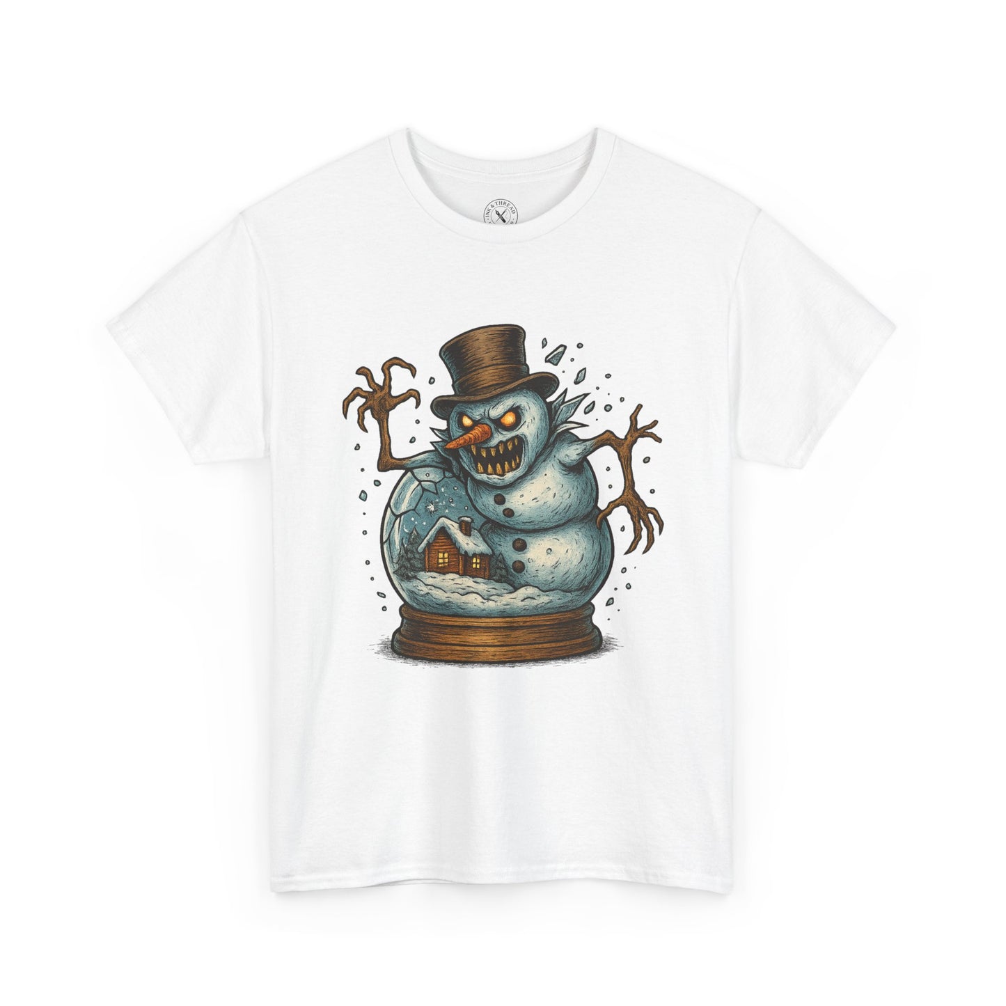 White t-shirt with a snowman graphic on a white background