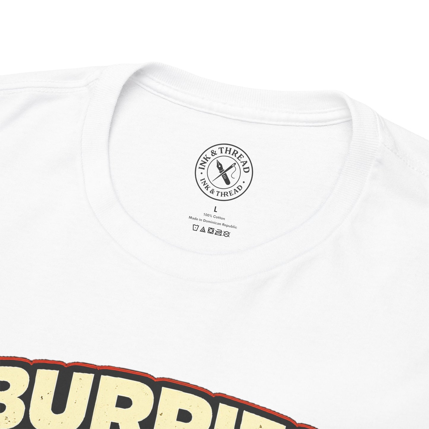 White t-shirt with 'BURBERRY' logo and brand label on a white background