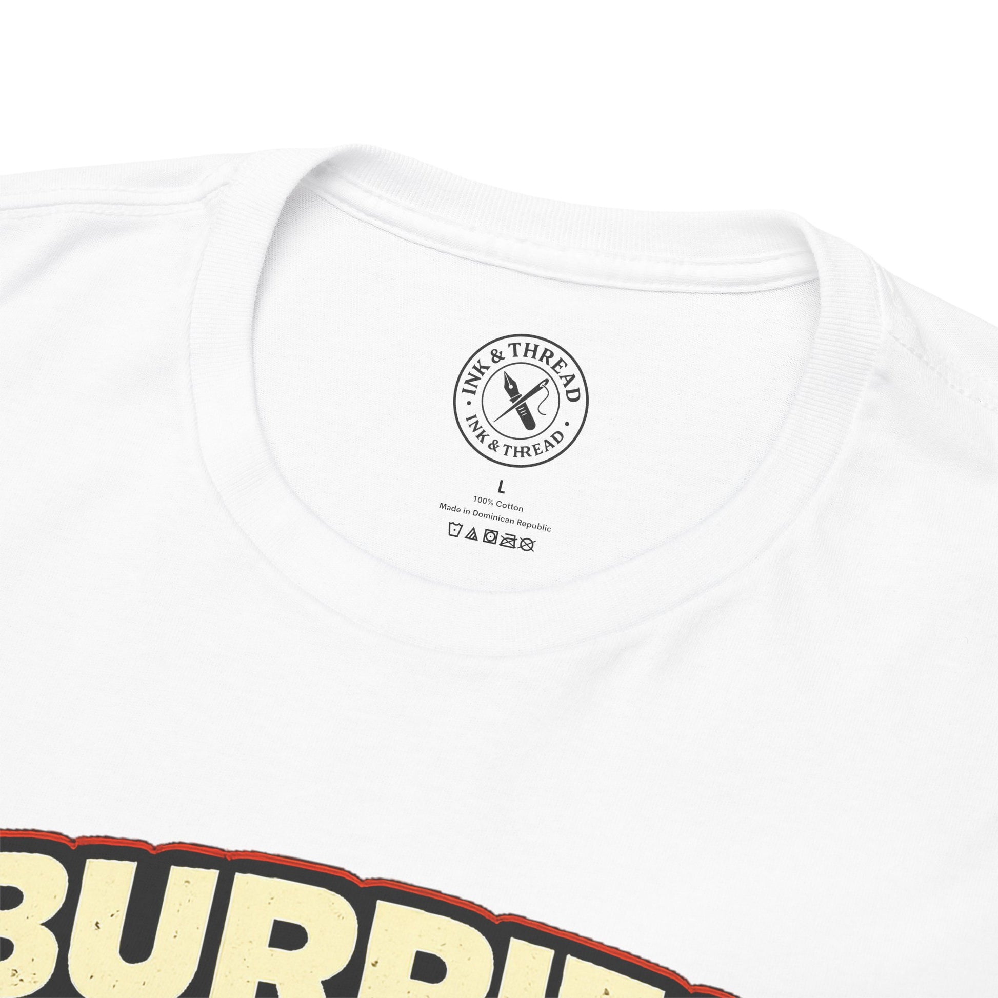 White t-shirt with 'BURBERRY' logo and brand label on a white background