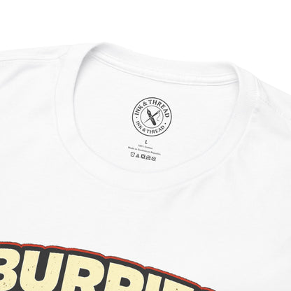 White t-shirt with 'BURBERRY' logo and brand label on a white background