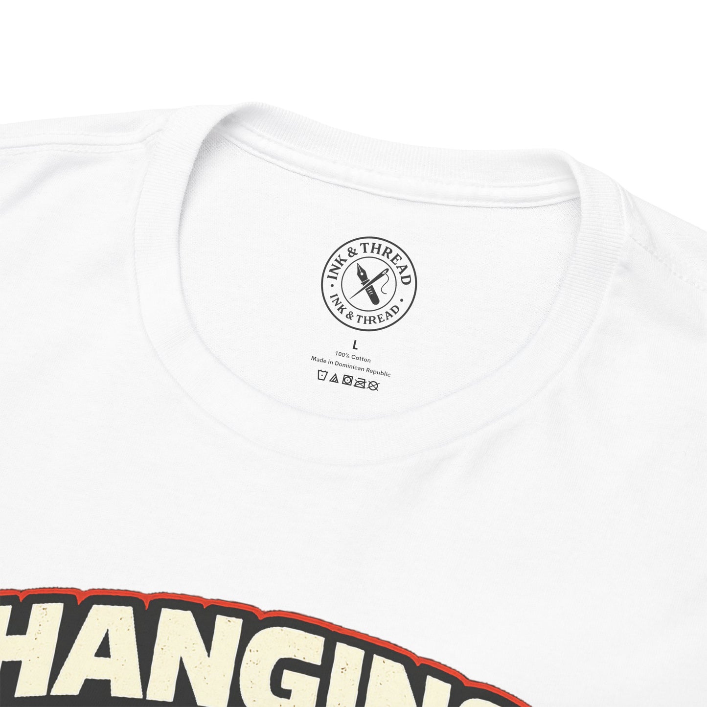 White t-shirt with visible branding and text on a white background
