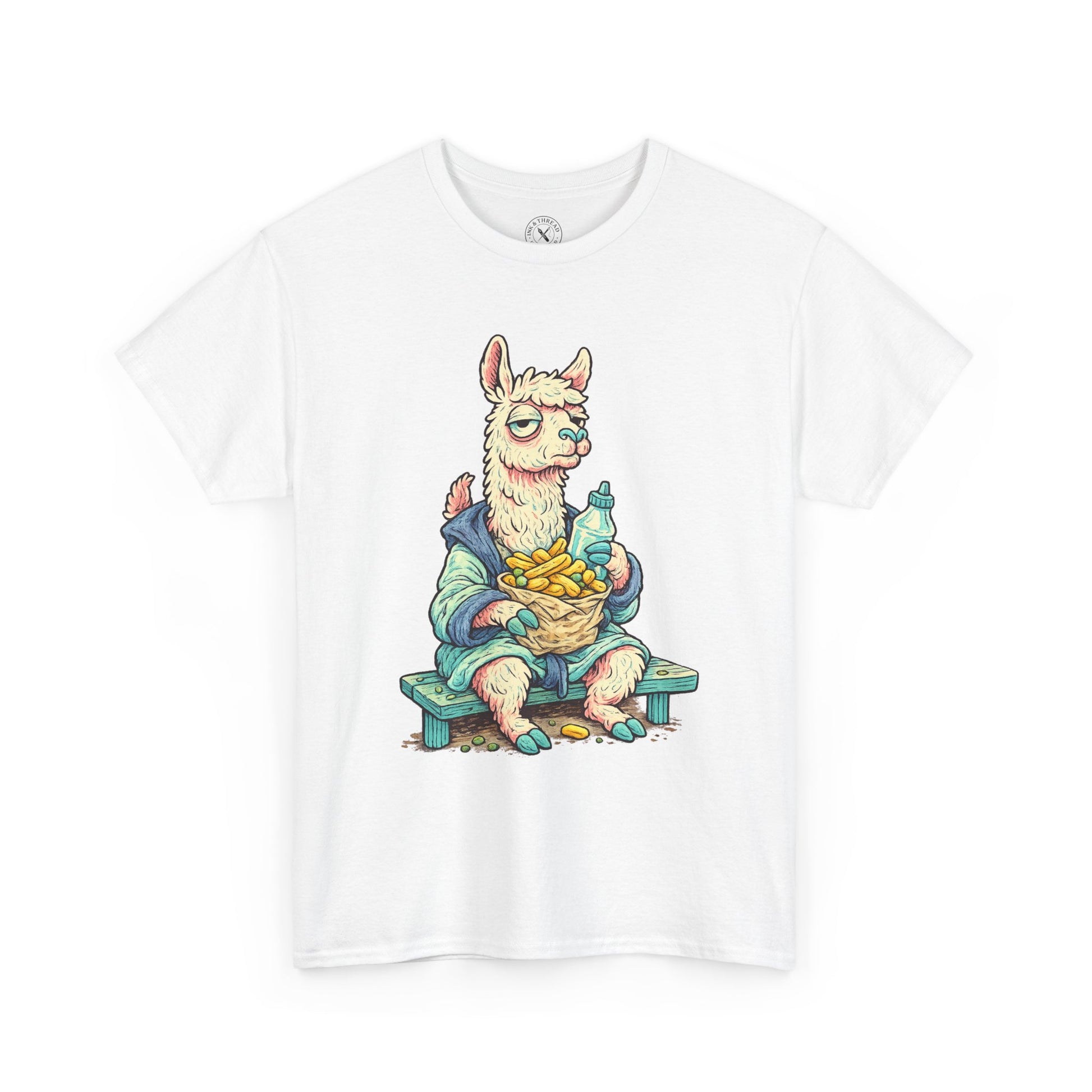 White t-shirt with a cartoon llama design holding a basket on a white background