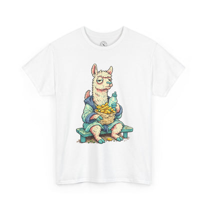 White t-shirt with a cartoon llama design holding a basket on a white background