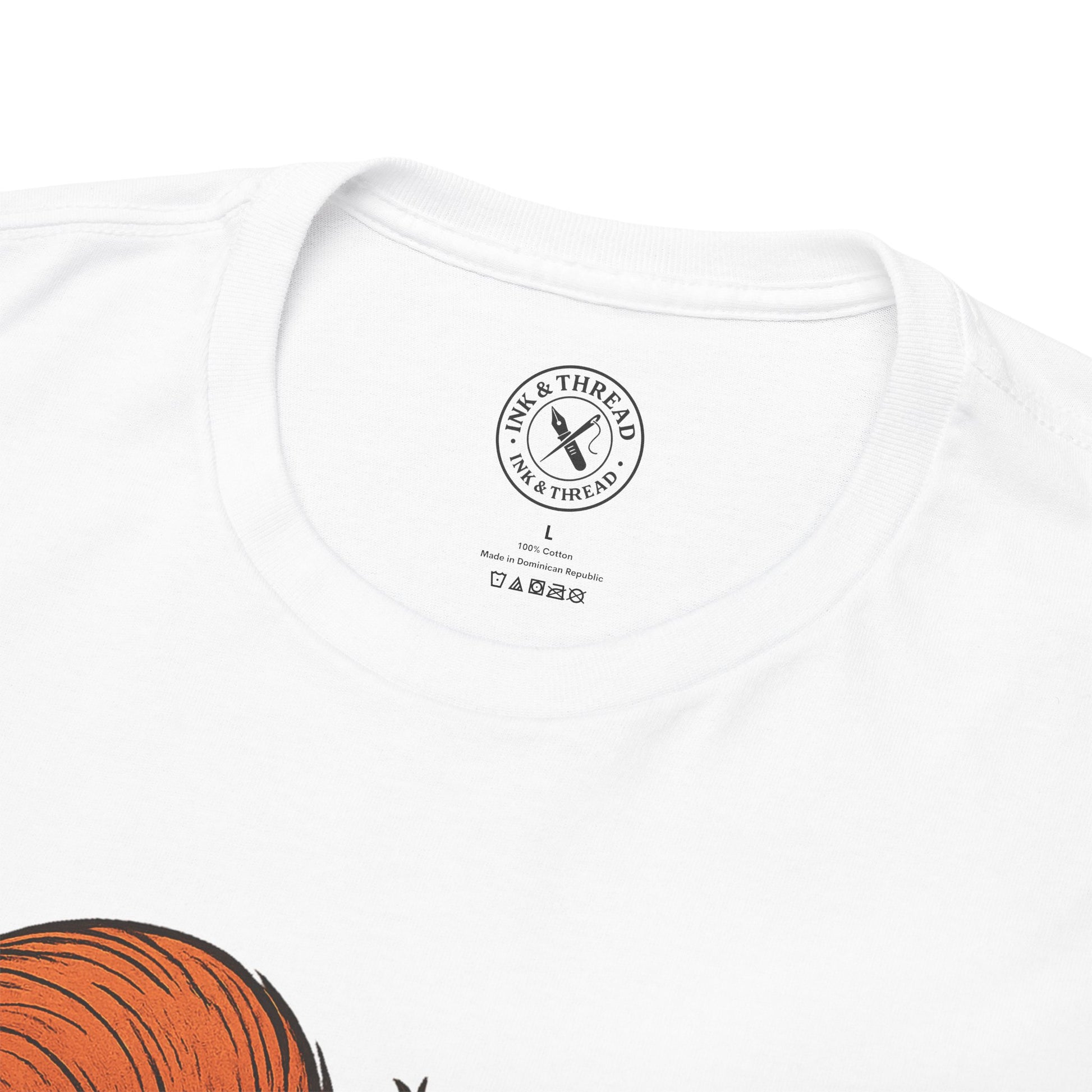 White t-shirt with a logo and text on a white background