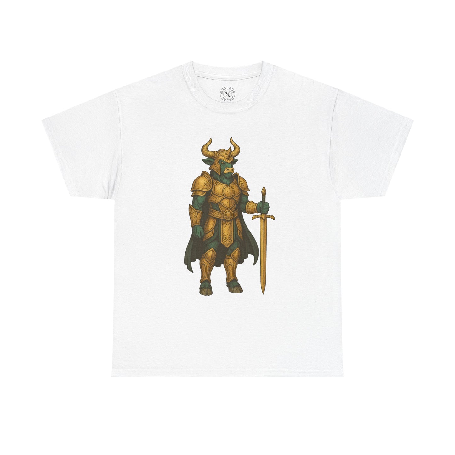 White t-shirt with a fantasy character design on a white background