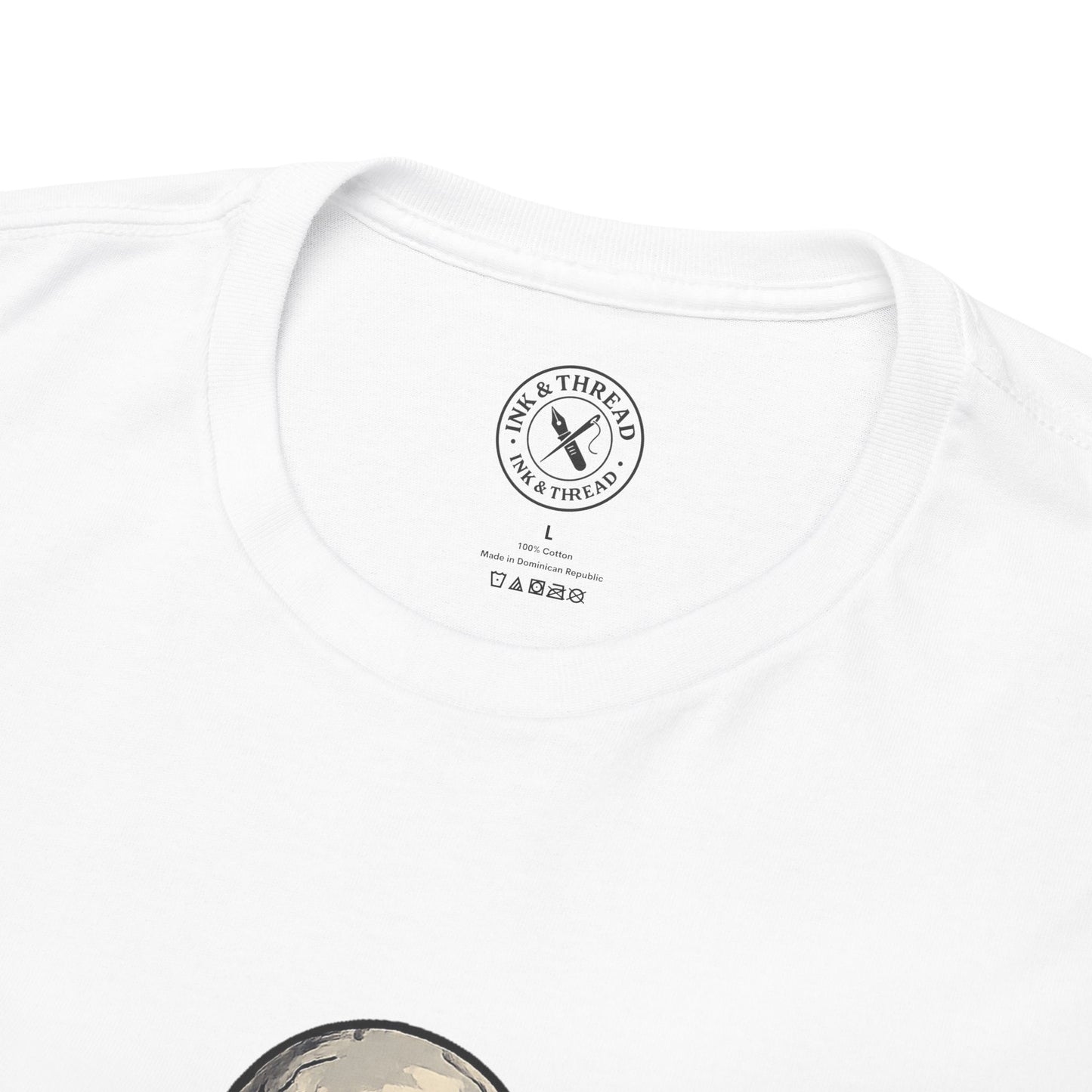 White t-shirt with a brand logo on a white background