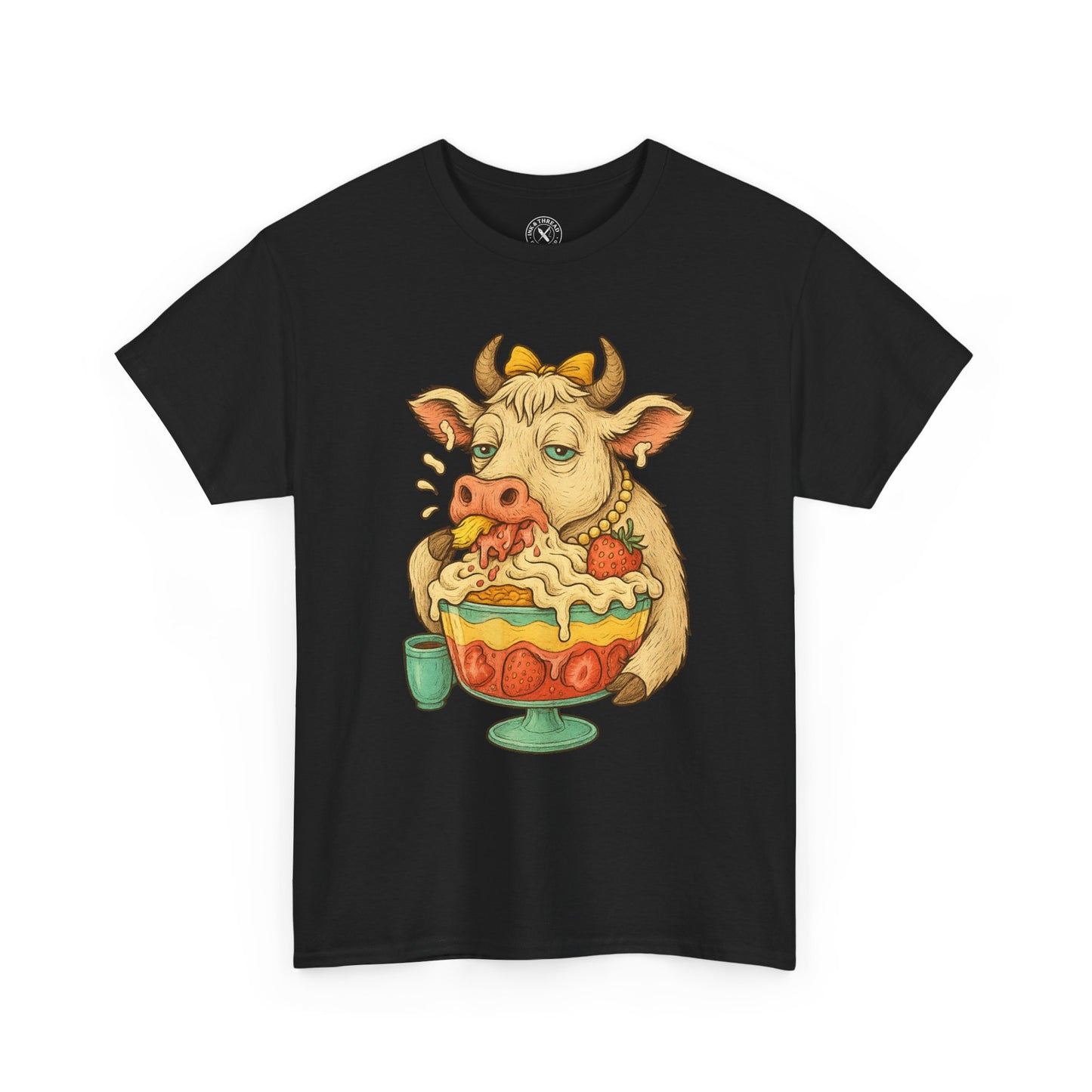 Black t-shirt with a cow eating ice cream sundae graphic on a white background
