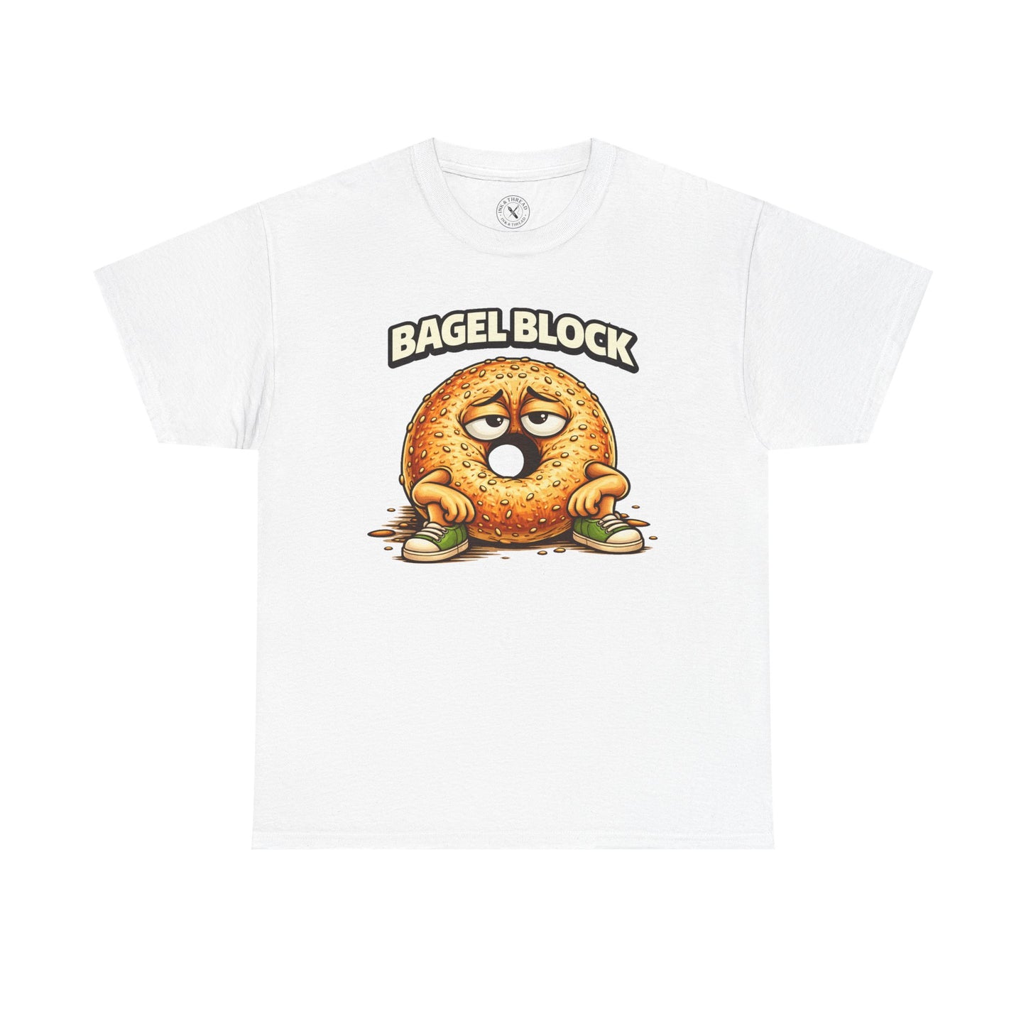 White t-shirt with a cartoon bagel character and 'Bagel Block' text on a white background