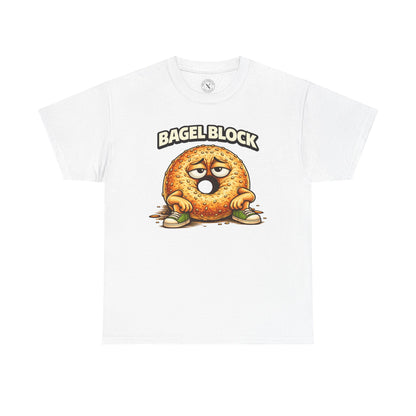 White t-shirt with a cartoon bagel character and 'Bagel Block' text on a white background