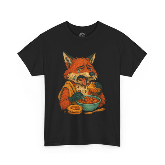 Black t-shirt with a colorful fox eating nachos graphic on a white background