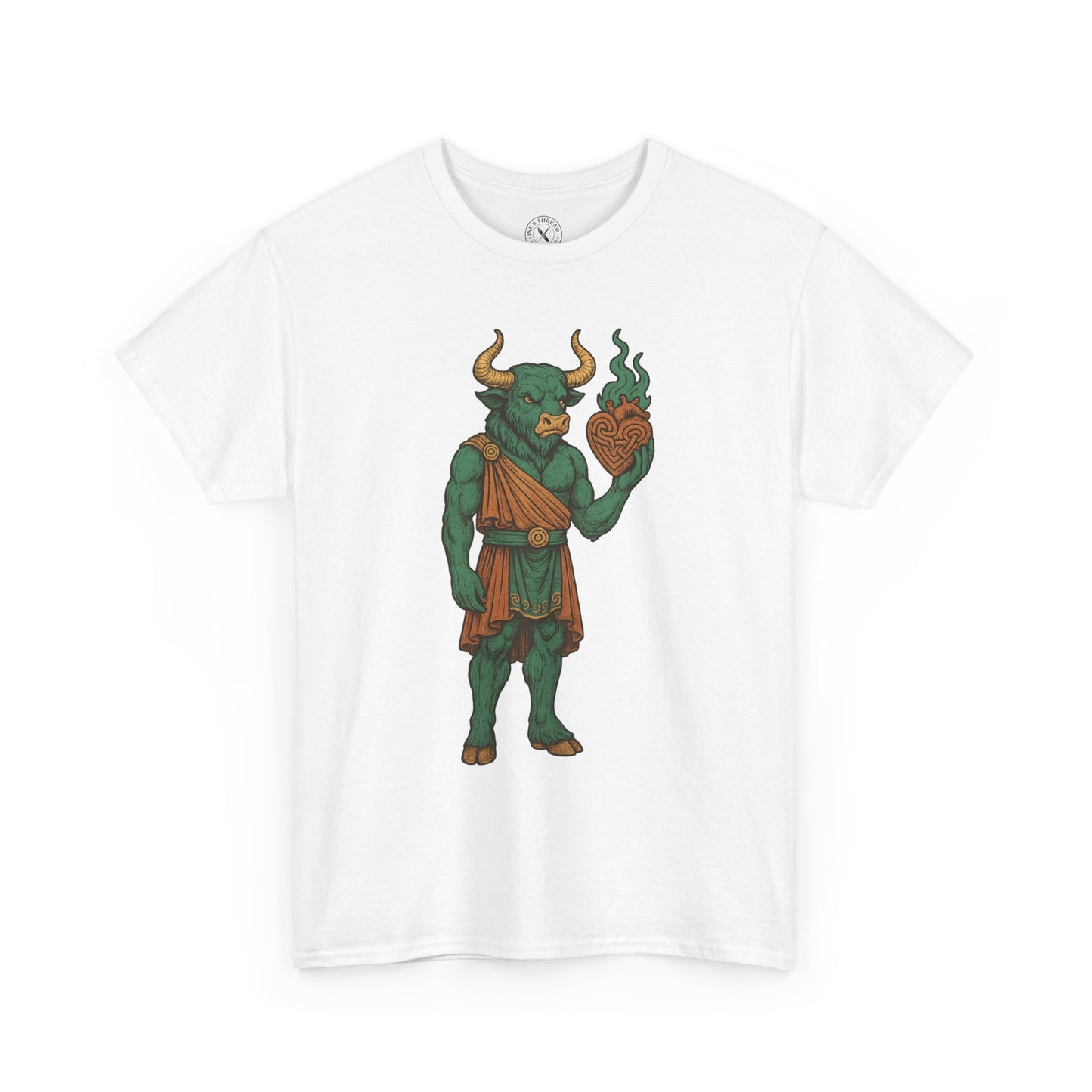 White t-shirt with a green and brown graphic of a creature holding a heart on a white background