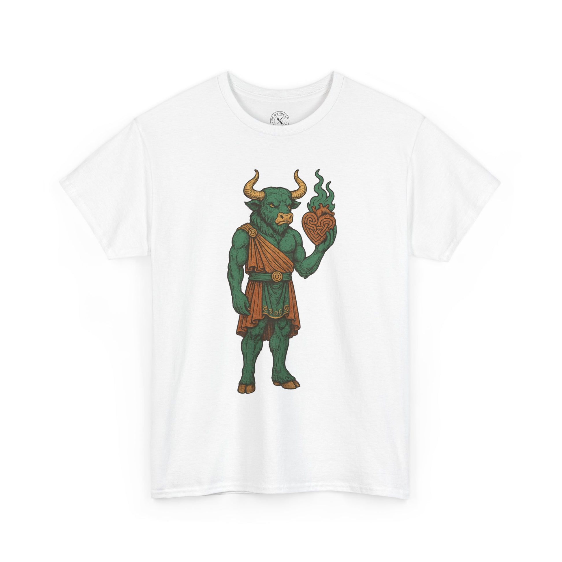 White t-shirt with a green and brown graphic of a creature holding a heart on a white background