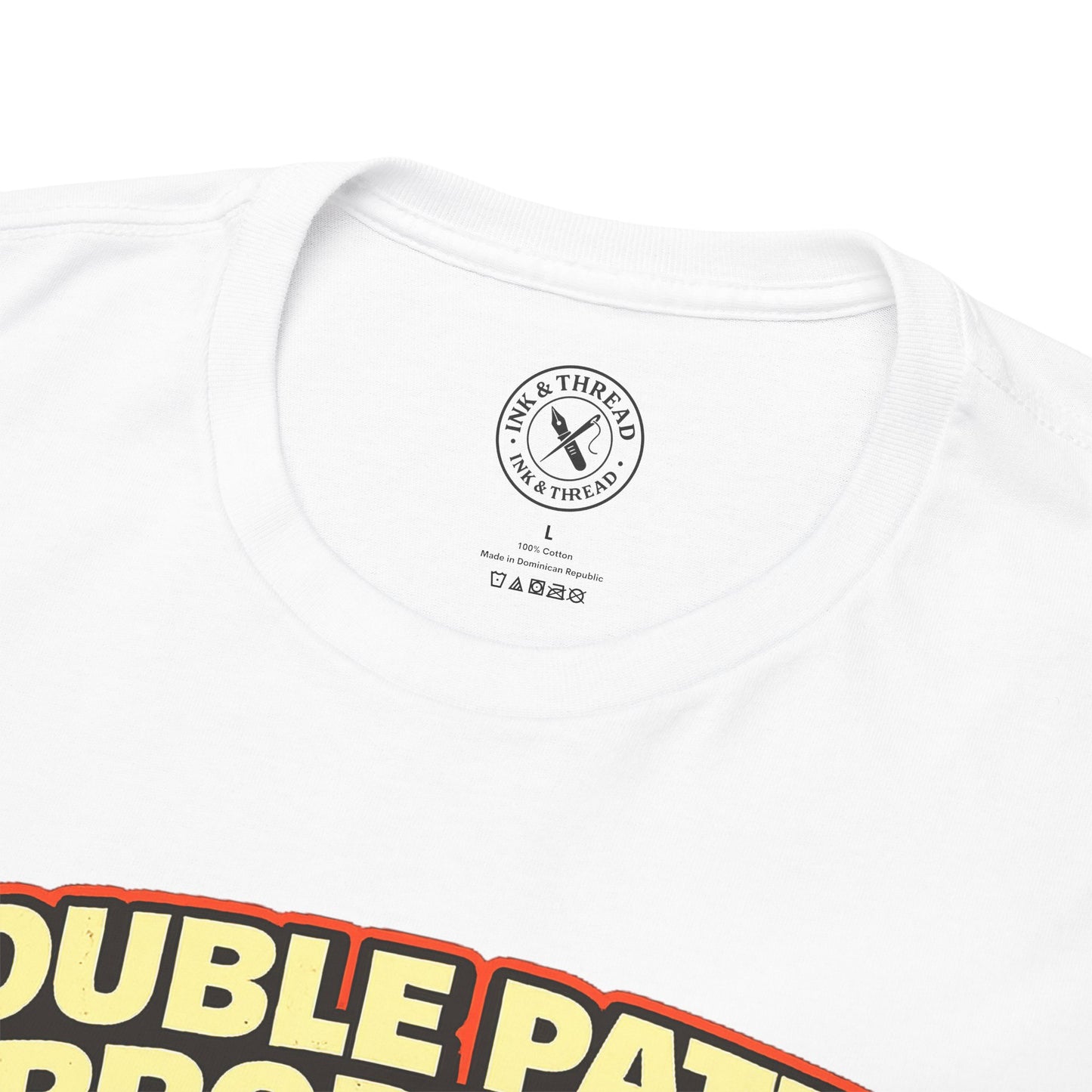 White t-shirt with visible branding on a white background