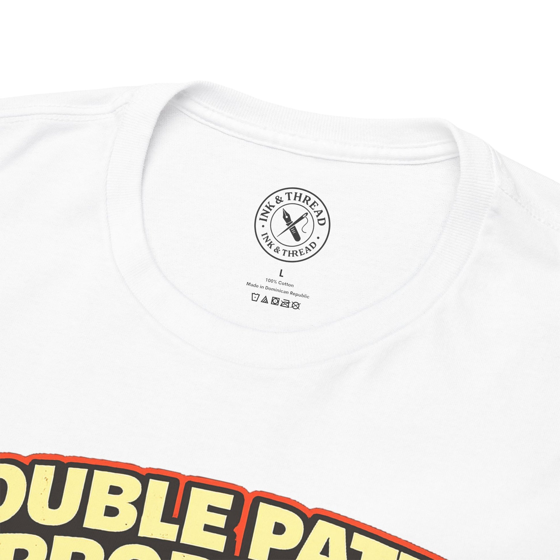 White t-shirt with visible branding on a white background