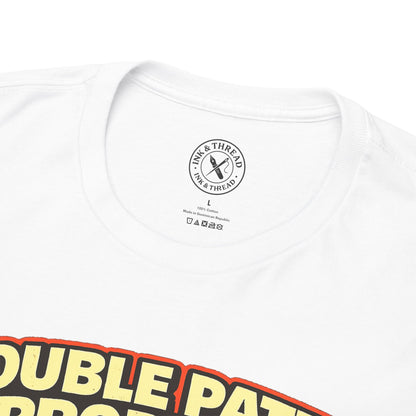 White t-shirt with visible branding on a white background
