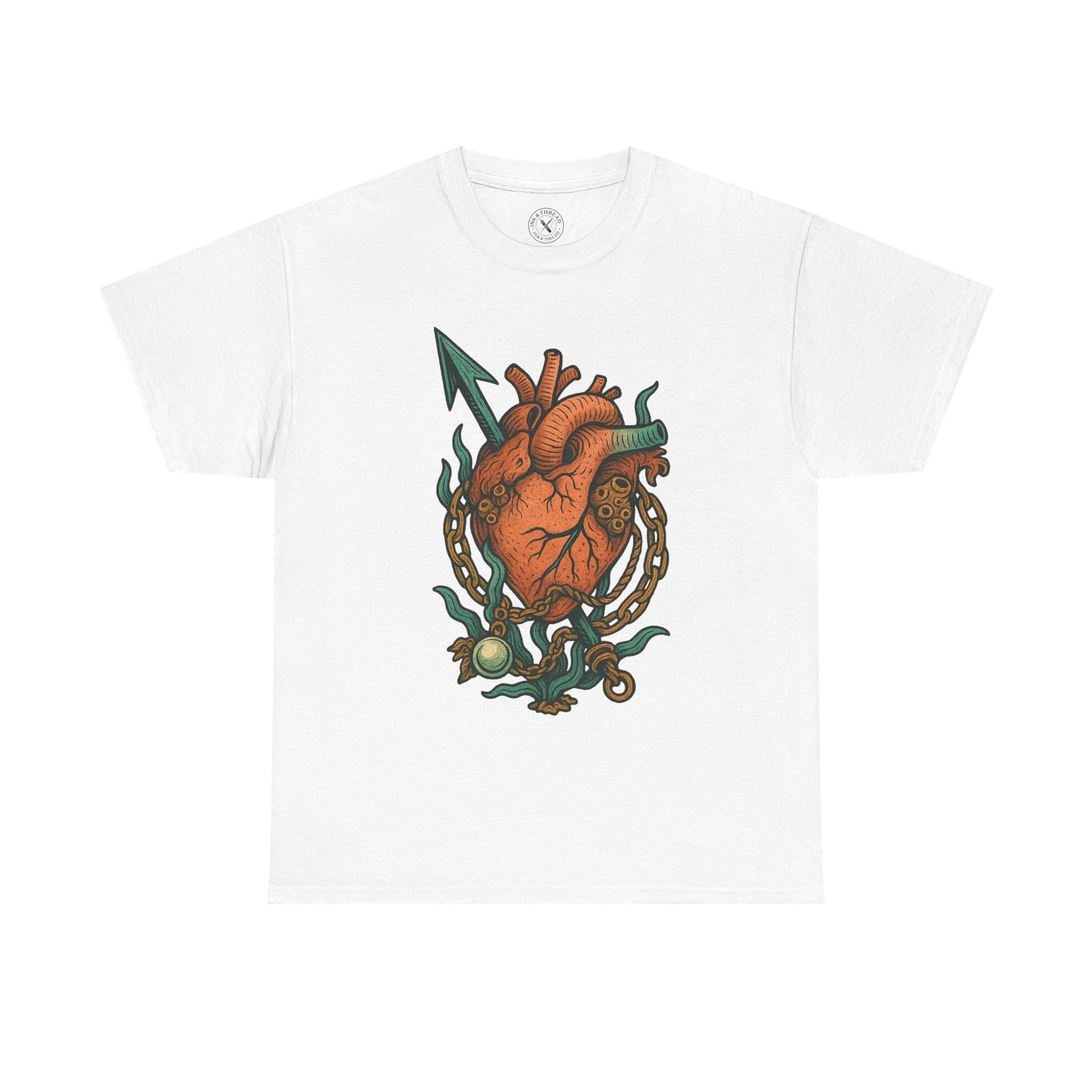 White t-shirt with a detailed heart design on a white background