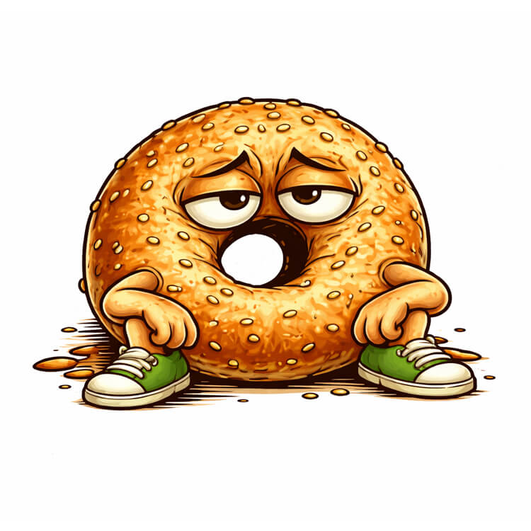 Cartoon bagel with a sad expression wearing shoes on a white background