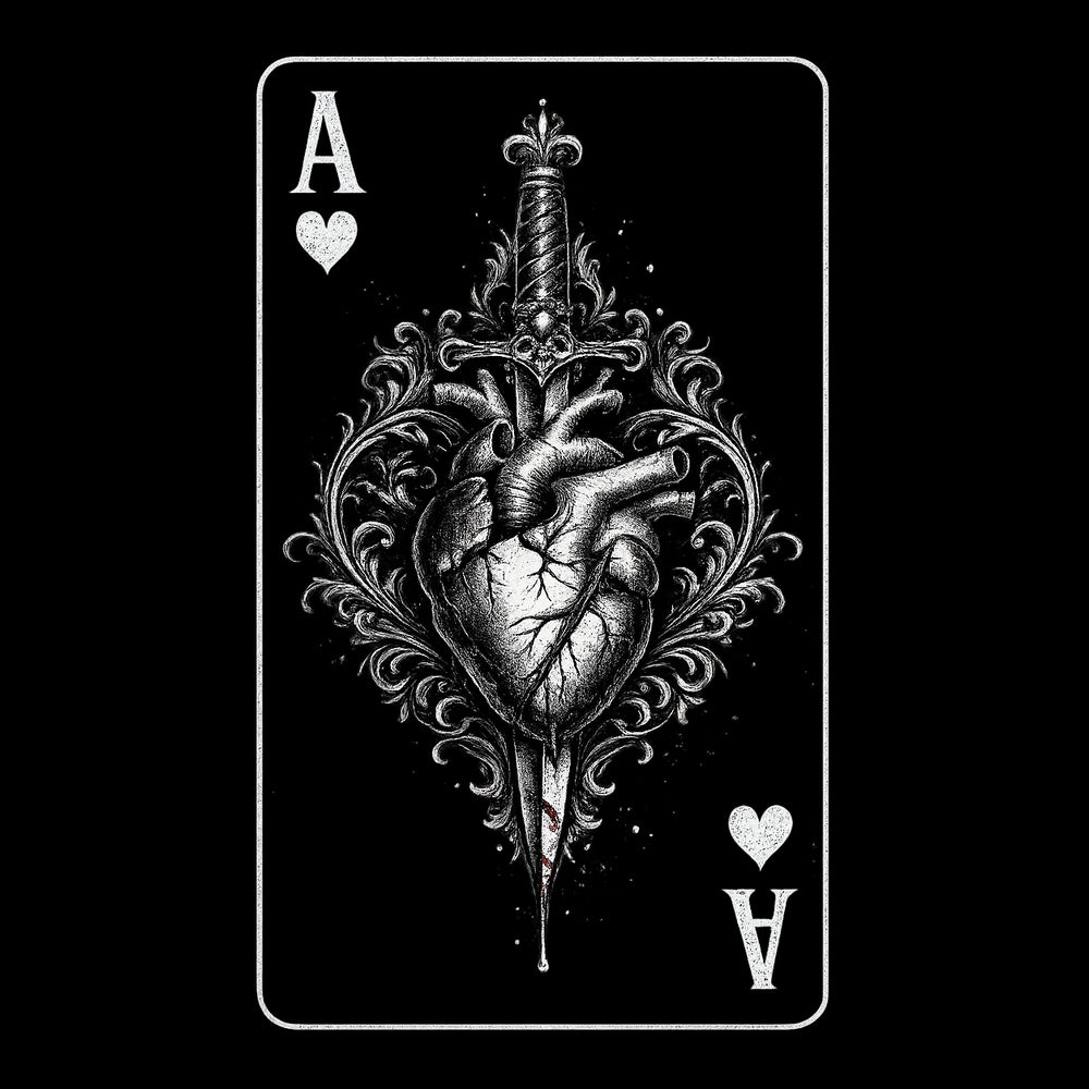 Ace of Hearts gothic playing card design featuring anatomical heart and dagger from the Crown and Bone collection