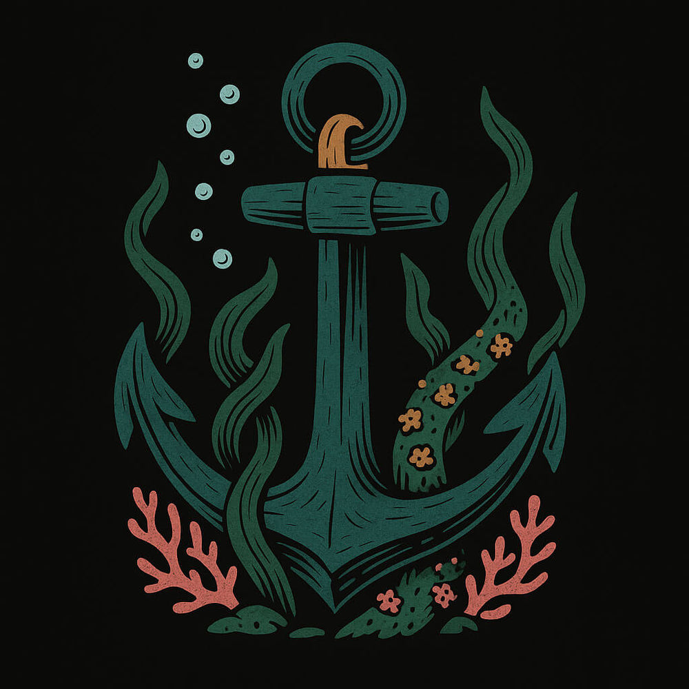 Anchor with seaweed and coral on a black background